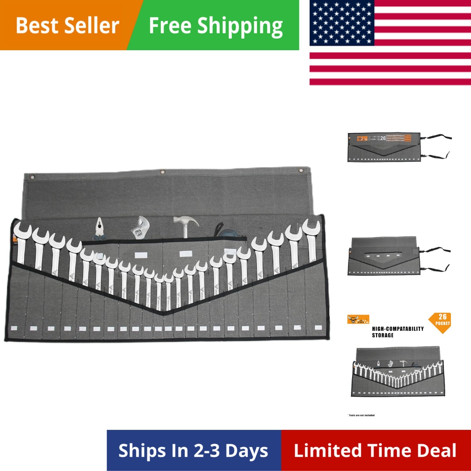 Wrench Roll, 26 Pocket Tool Pouch, Tool Bag Wrench Organizer Metric & SAE Com…