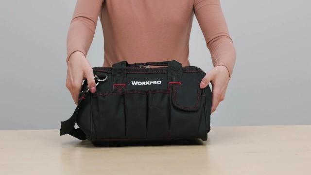 Tool Bag 12 Inch Wide Mouth Double Pull Zipper 7 Exterior Pockets Polyester