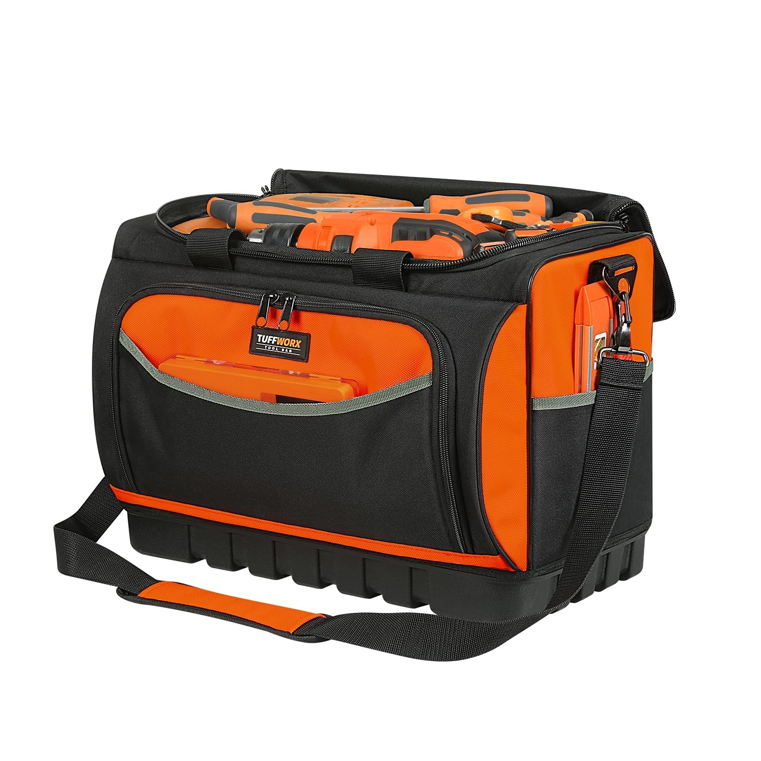 17.7×12.6×11 Inch 18 Pocket Wide Mouth Tool Bag Waterproof Base Black Orange