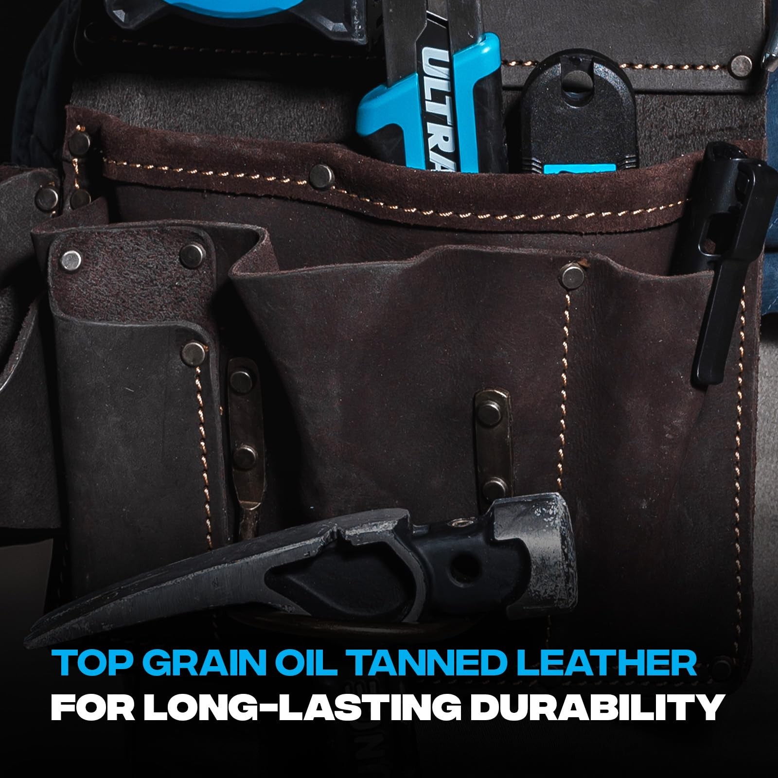 Multicolor Leather Tool Belt with 22 Pockets for Construction and Carpentry