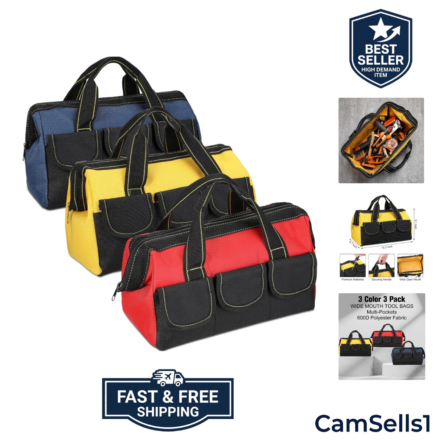 3 Pack Tool Bag for Men with Waterproof Hard Bottom, Heavy Duty Tool Bag Wide…