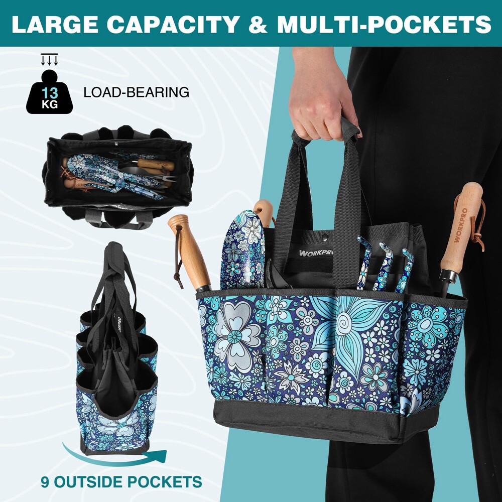WORKPRO Garden Tool Bag Garden Tote Bag w/9 Pockets Heavy Duty Oxford Garden Bag