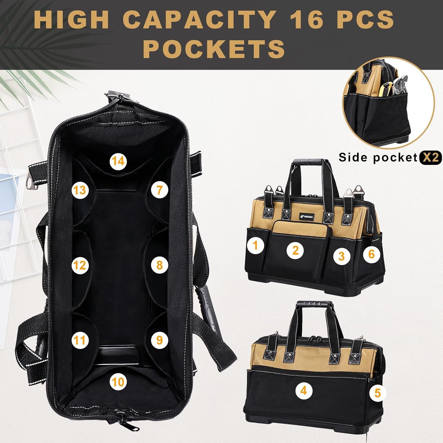 Vshxeng 17″ Large Tool Bag, Heavy Duty, Molded Bottom