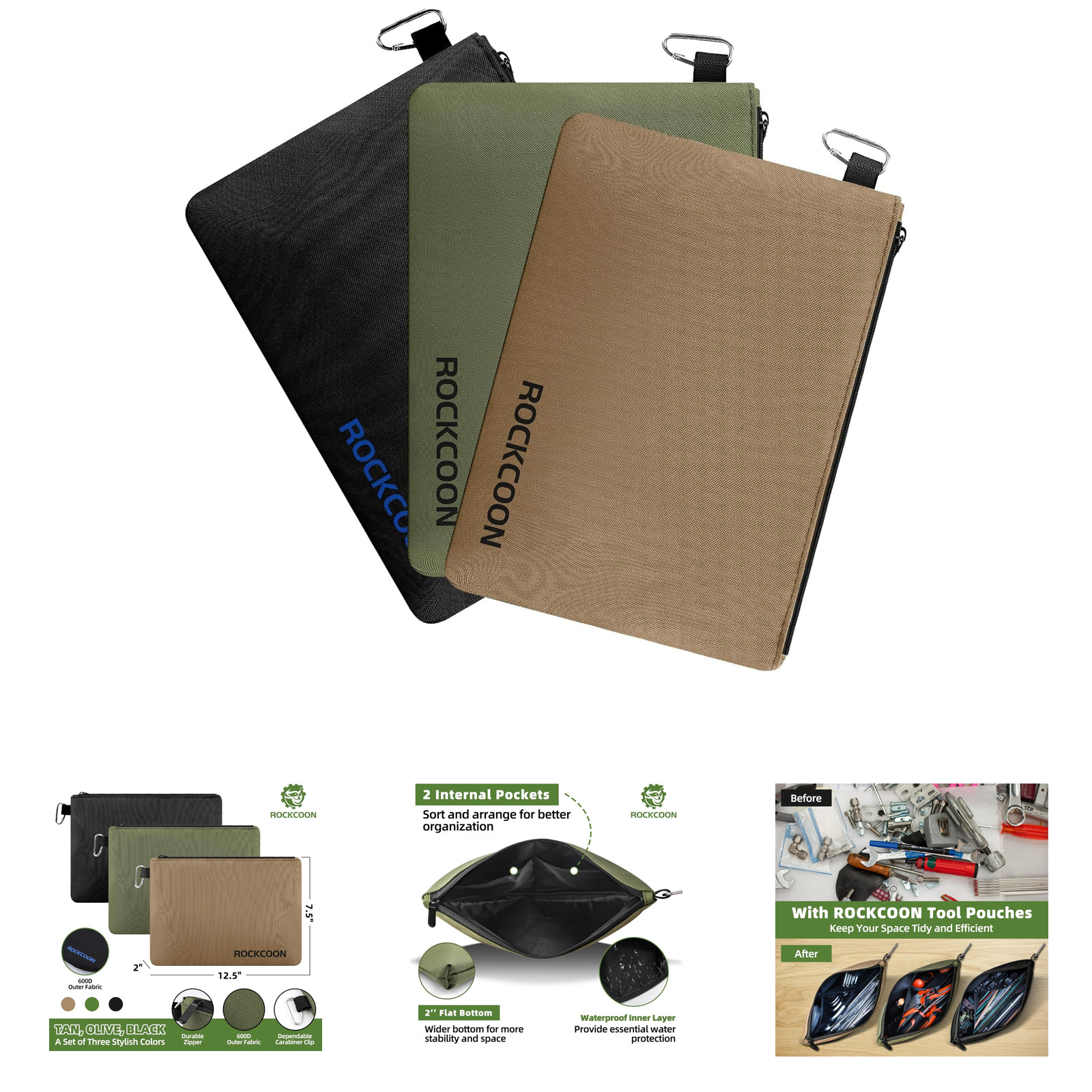 3 Pack Waterproof Zipper Pouch, Tool Organizer Bag with Liner Pocket, Durable