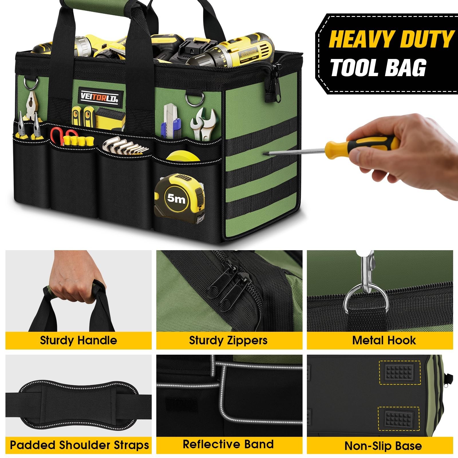 16″ Heavy Duty Tool Bag – 19 Pocket Organizer, Portable Toolbox with Soft Handle