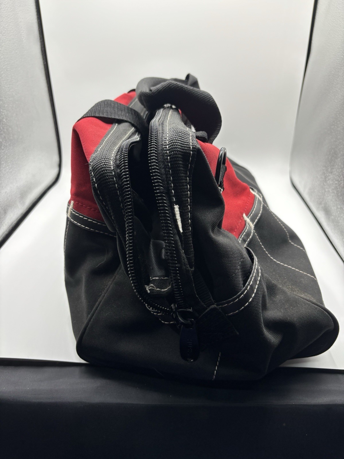 Husky Tool Bag Fabric Black Red Adjustable Strap Multiple 15 Pockets 20”