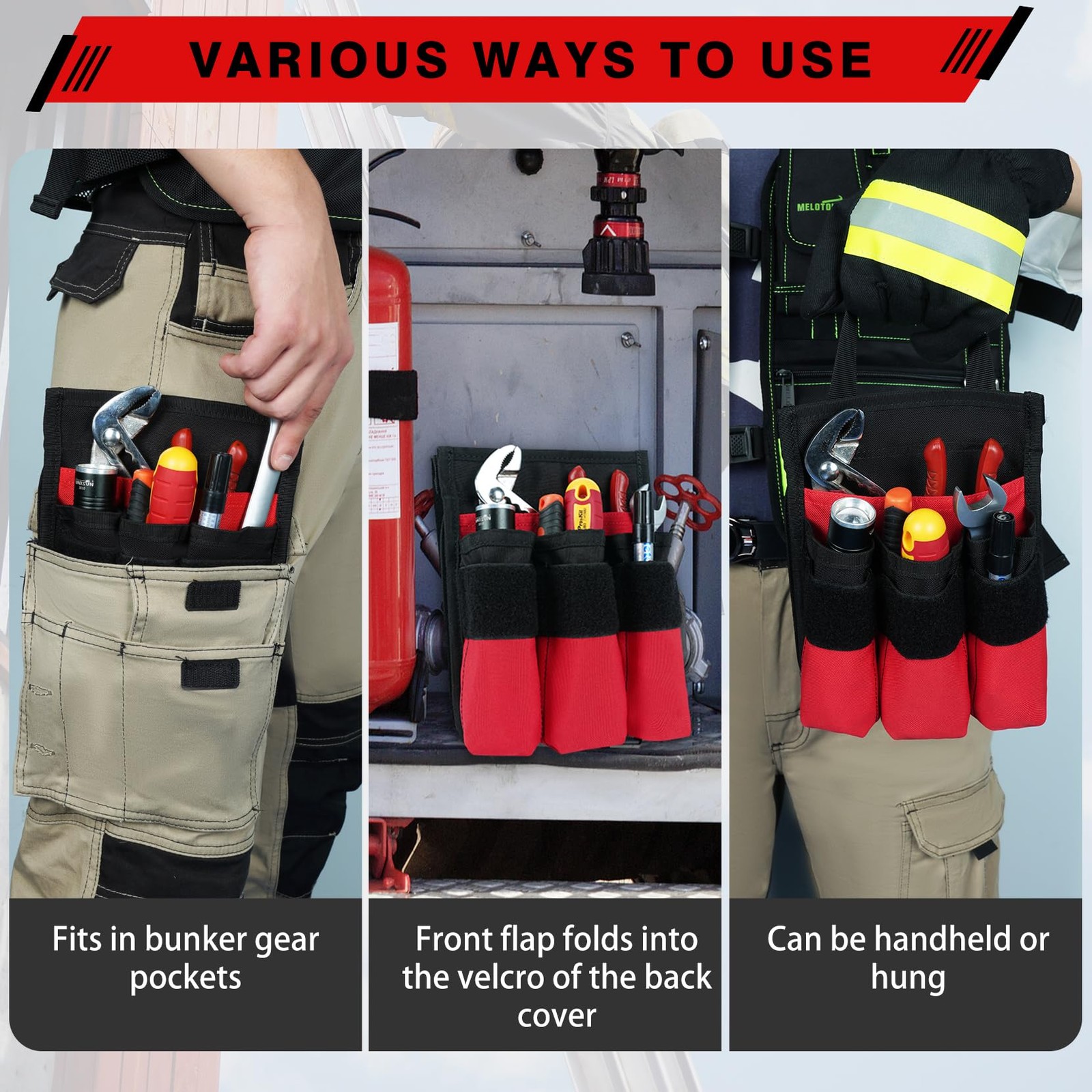 7-Pocket Firefighter Tool Pouch with Carry Handle and Flap, Fits in Bunker Ge…