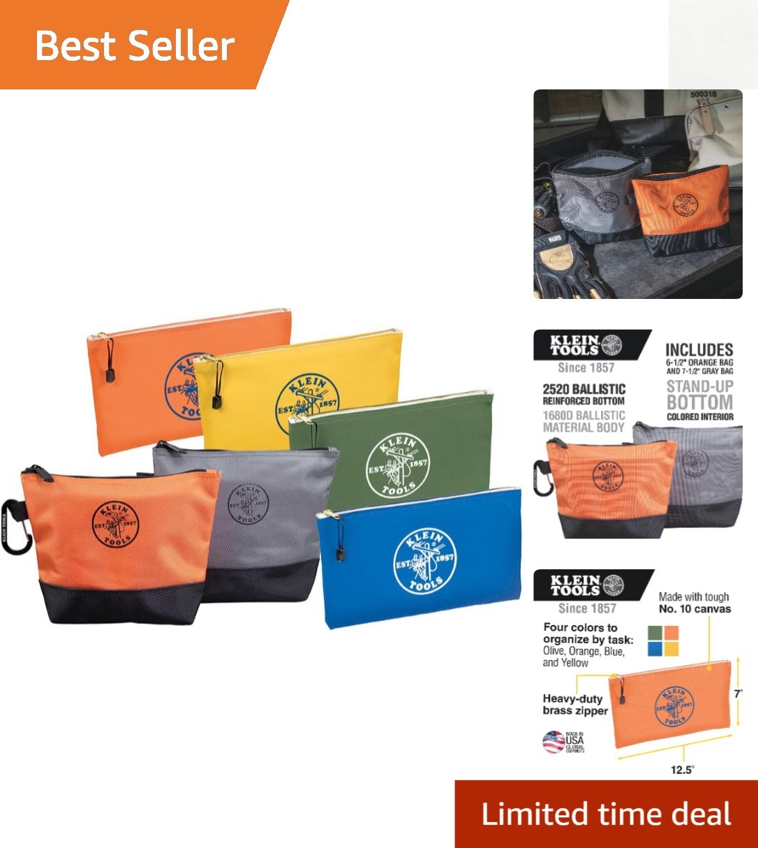 Durable 6-Piece Tool Bag Storage Kit with Reinforced Design & Colorful Pouches