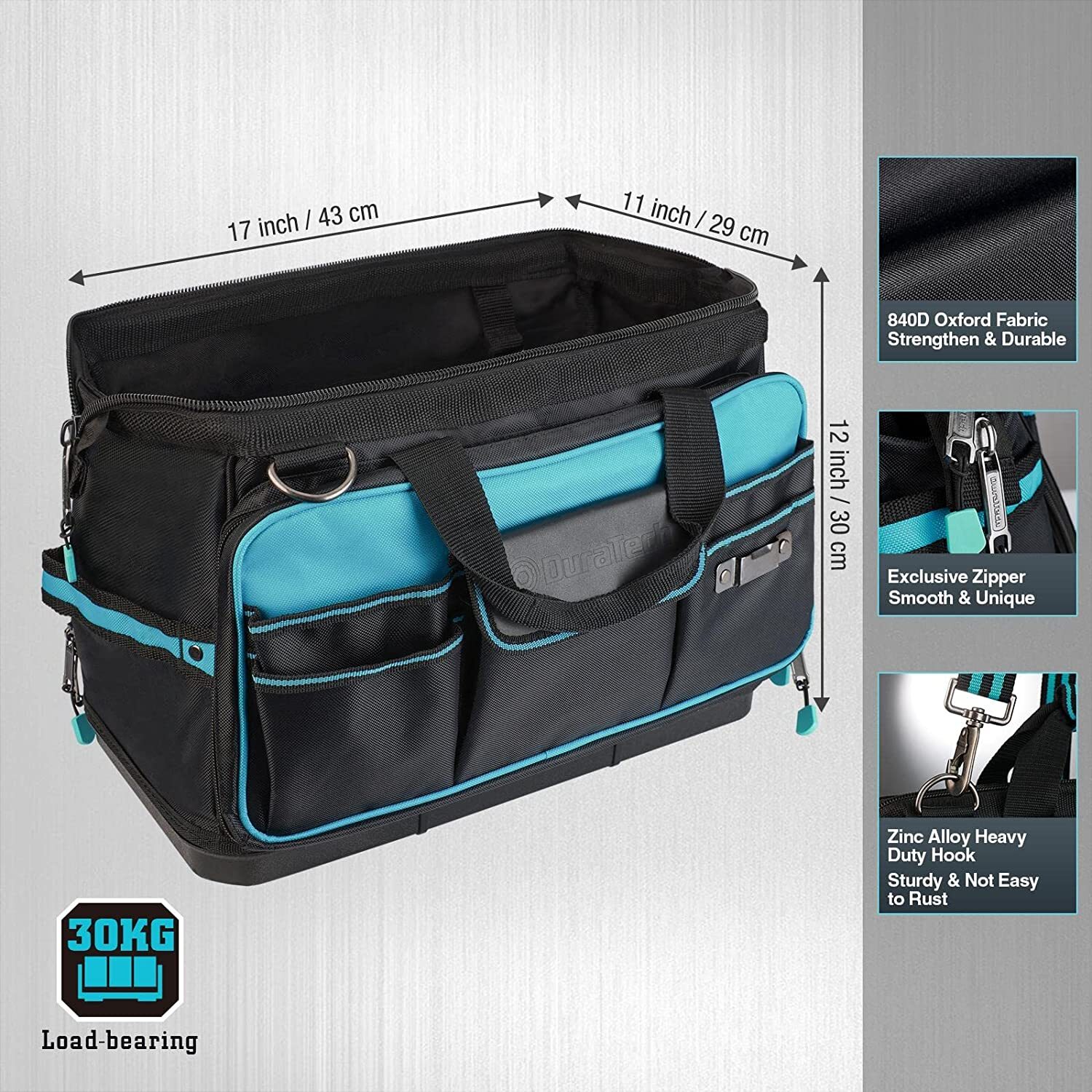 DURATECH 17″Wide Mouth Tool Bag Tool Bag Organizer WaterProof 840D Oxford Fabric