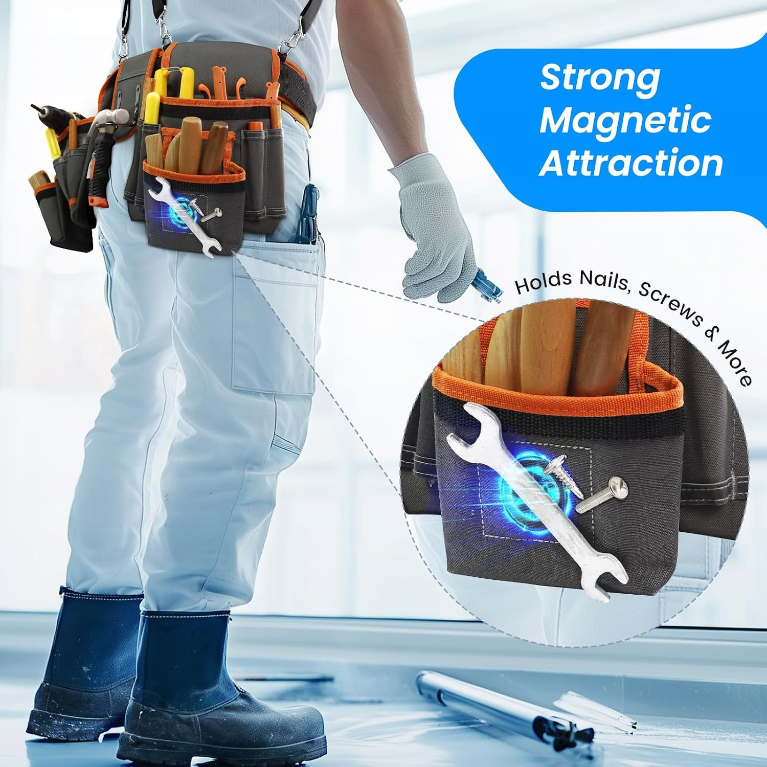 Tool Belt, Professional Tool Belts for Men, Magnetic Tool Pouch with Suspenders,