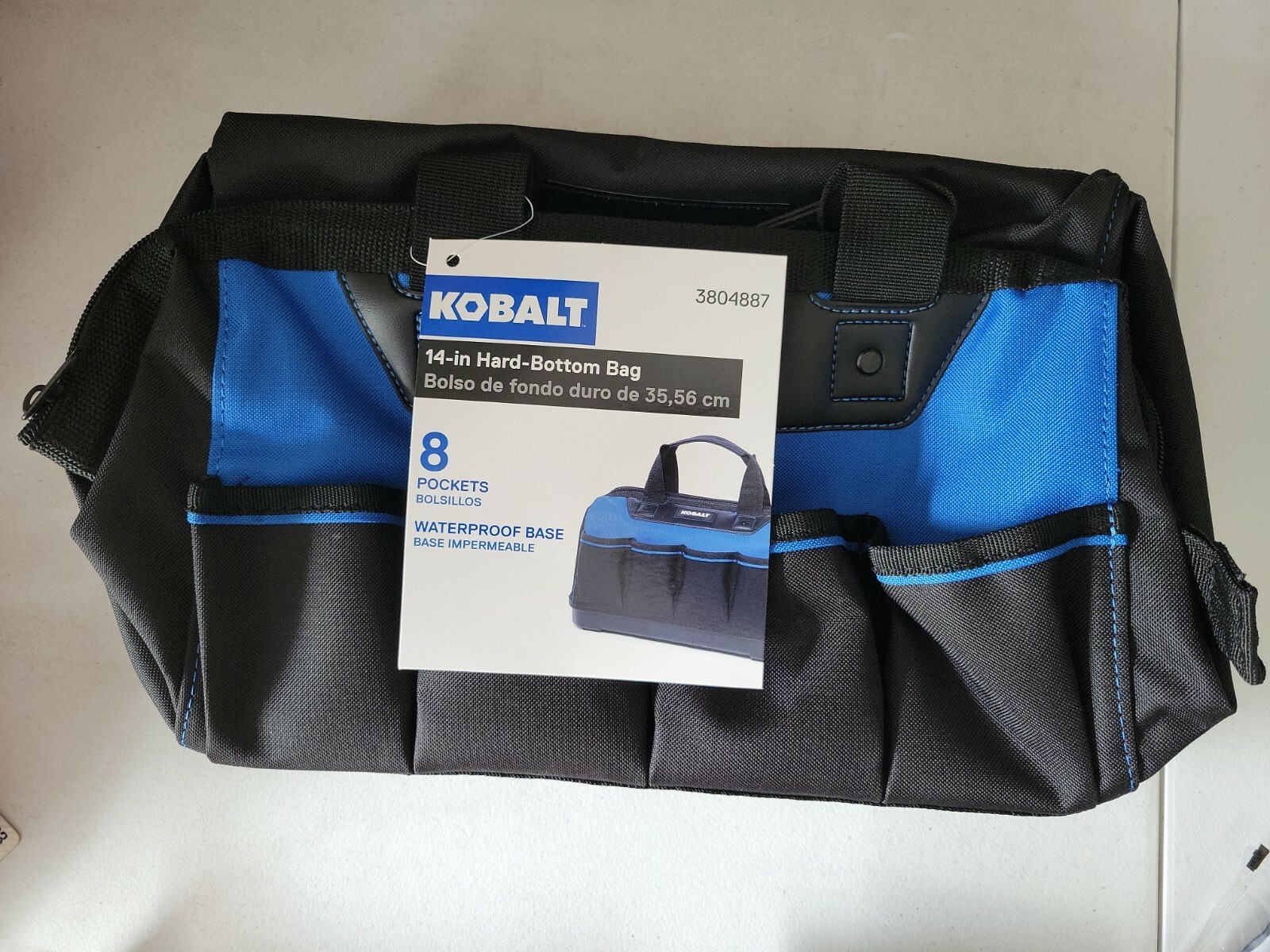 Kobalt 14-inch Hard Bottom Tool Bag, Waterproof Base, 8 Pockets. Black/Blue New