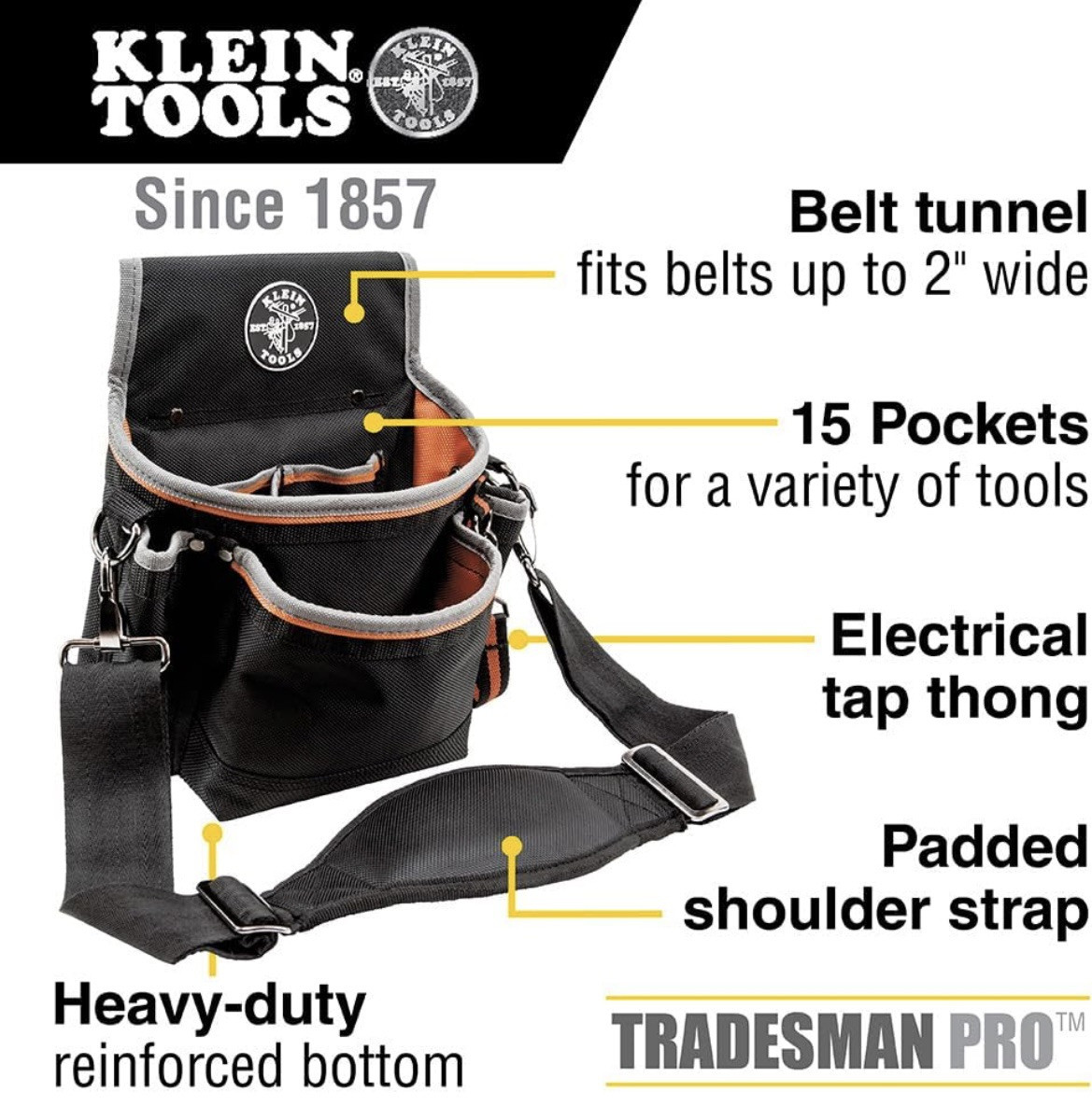 Klein Tools Tradesman Pro 15-Pocket Tool Pouch Holster in Black & Orange