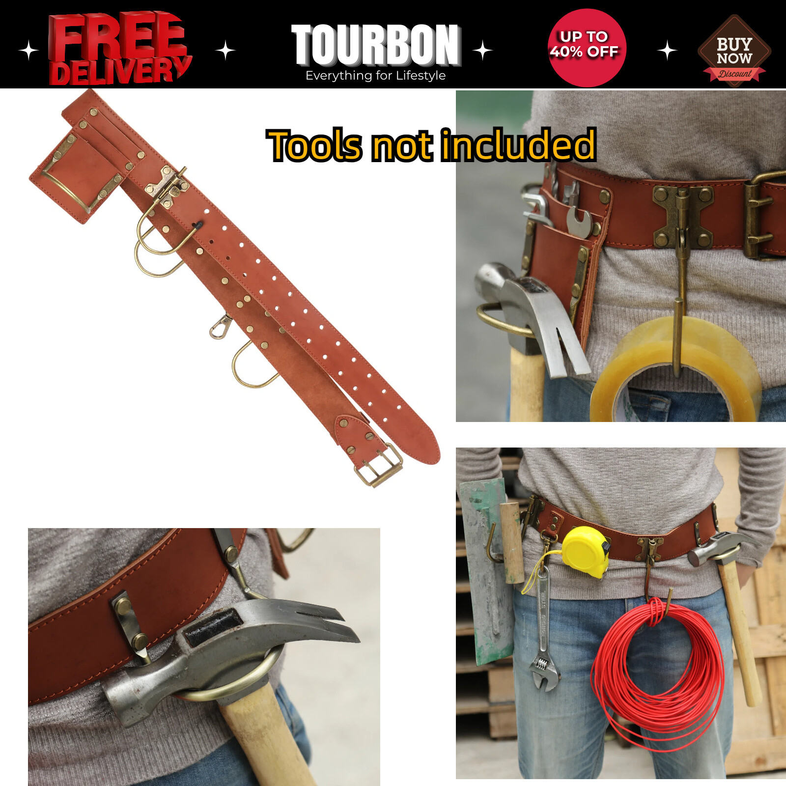 TOURBON Hammer/Wrench/Pliers Hook Holder Electrician Tool Organizer Carrier Belt