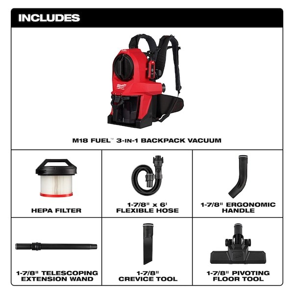 Milwaukee Tool 0895-20 Backpack Vacuum, 18 In H, 16 Lb