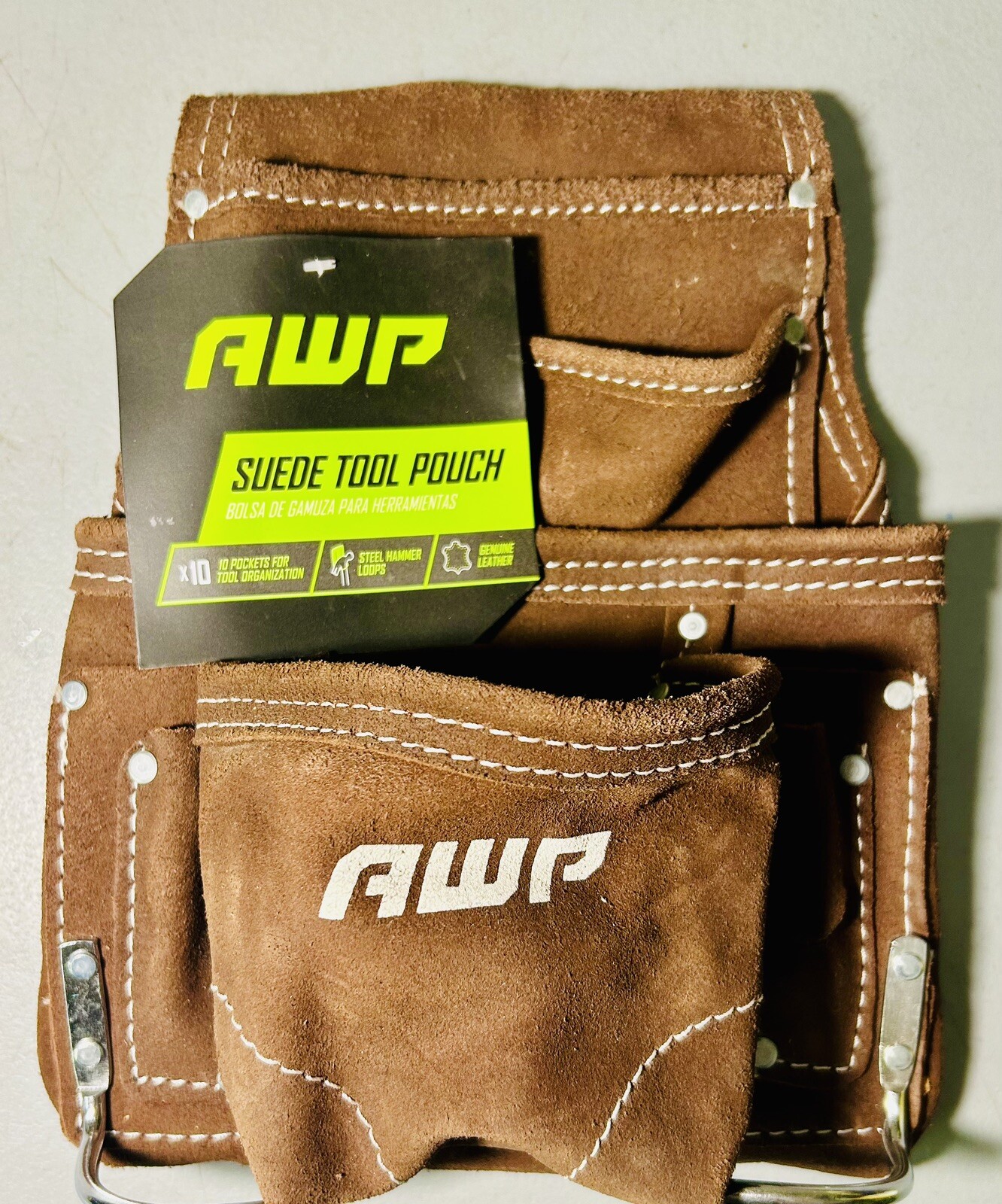 AWP Suede Leather Tool Pouch 4 Tier 10 Pocket 2 Hammer Loop Work Belt Brown New