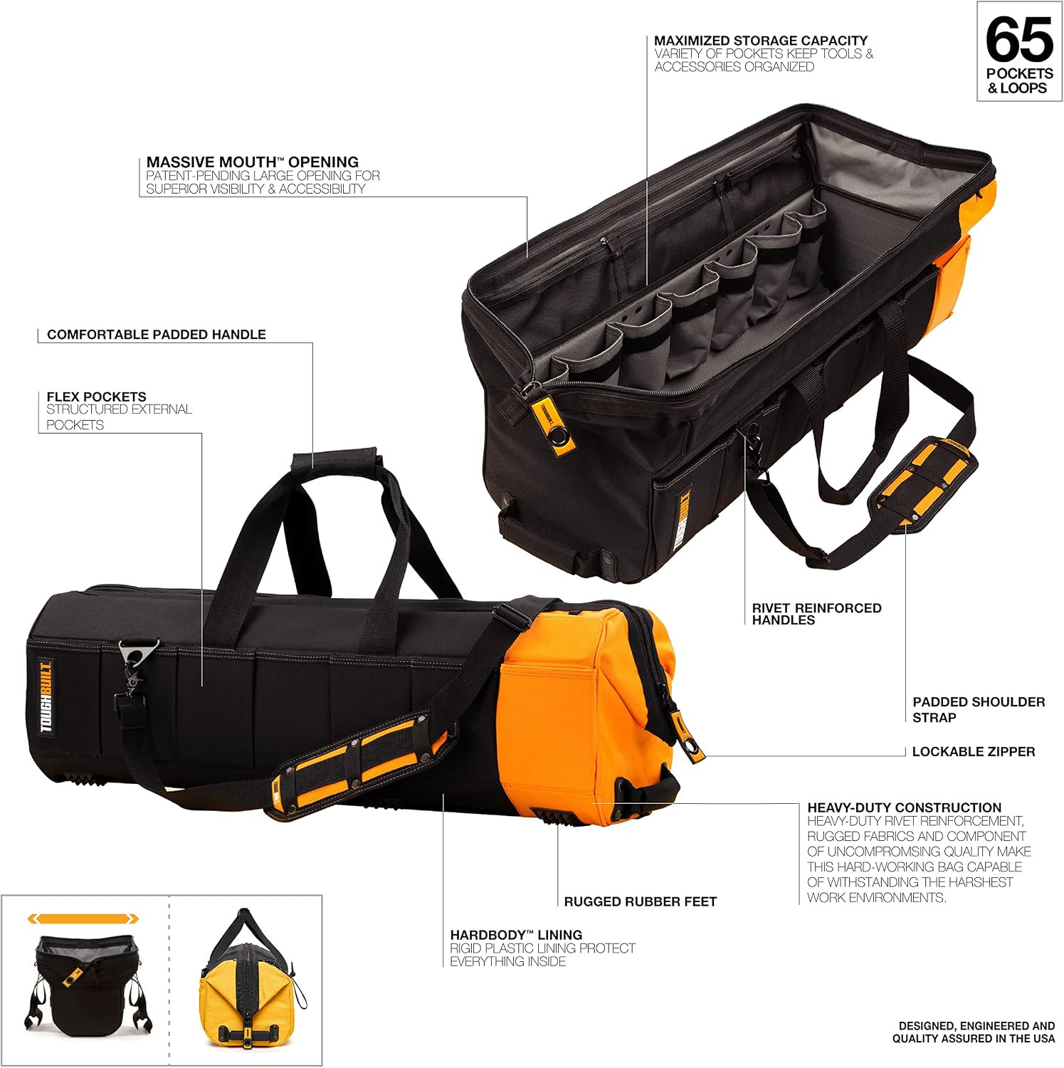 Toughbuilt – Massive Mouth Tool Bag, Heavy-Duty Fabric Wide-Mouth Bag with Rigid