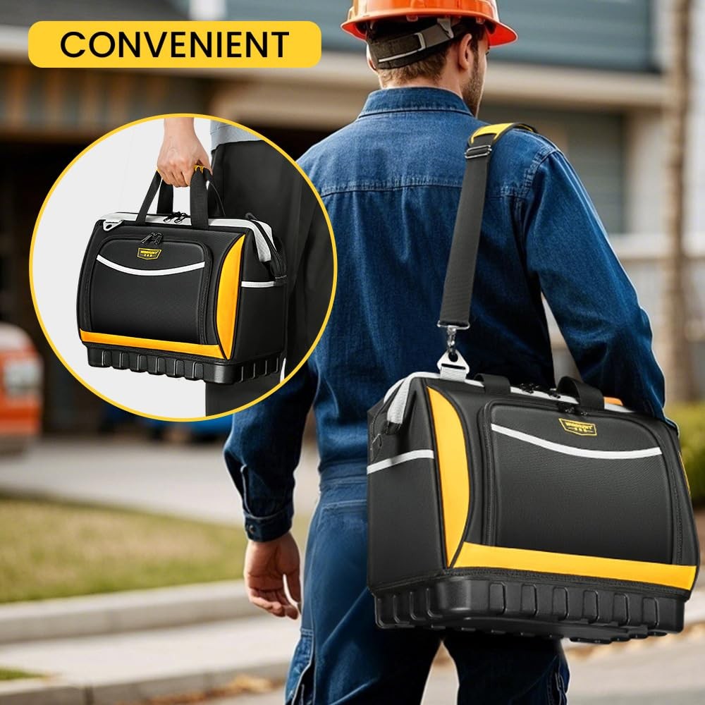 Tool Bag, Hard Bottom Professional Tool Tote, Multi-Pocket Storage with Shoul…