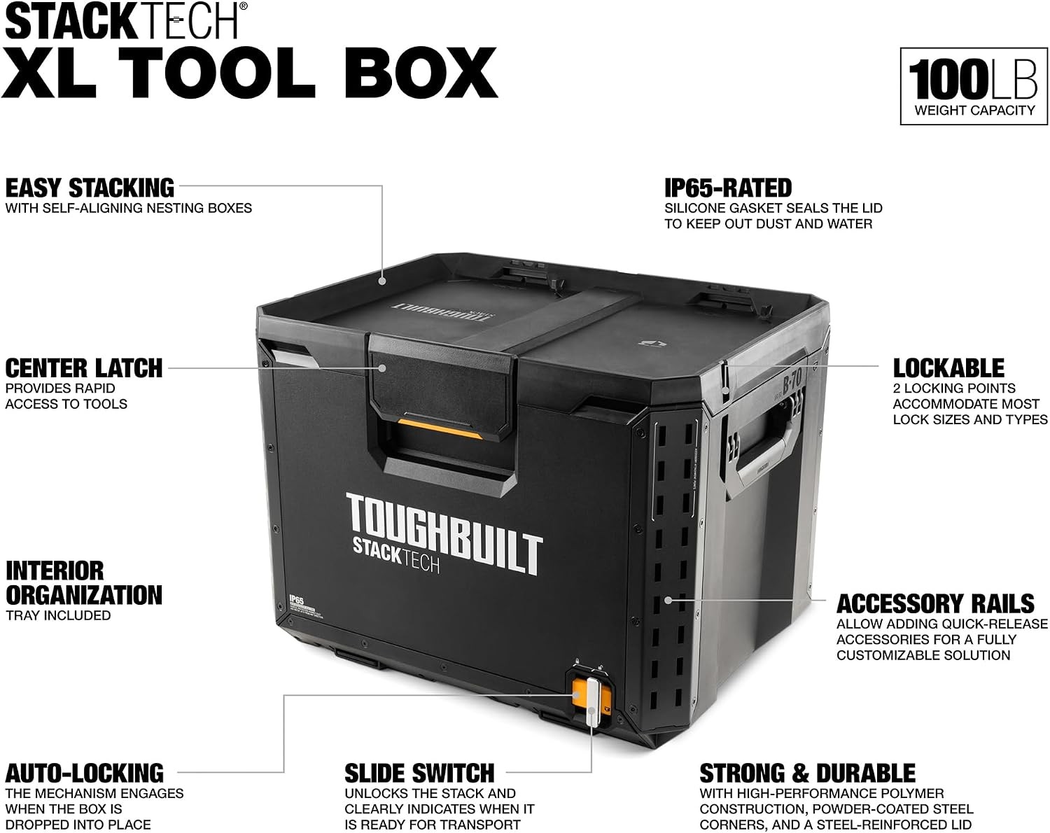 StackTech XL Tool box Organizer with Lock and Removable Tray Black