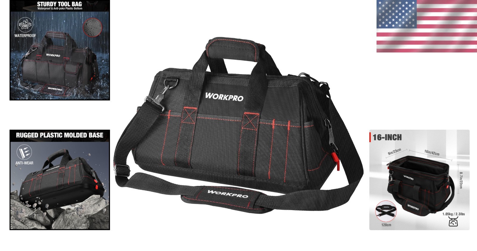 16 Inch Tool Bag with Comfortable Shoulder Straps and Large Interior Space
