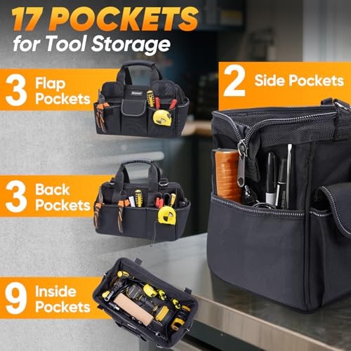 Heavy Duty Tool Bag with Multi-Pockets, Portable Tool 16″ Standard Base Black