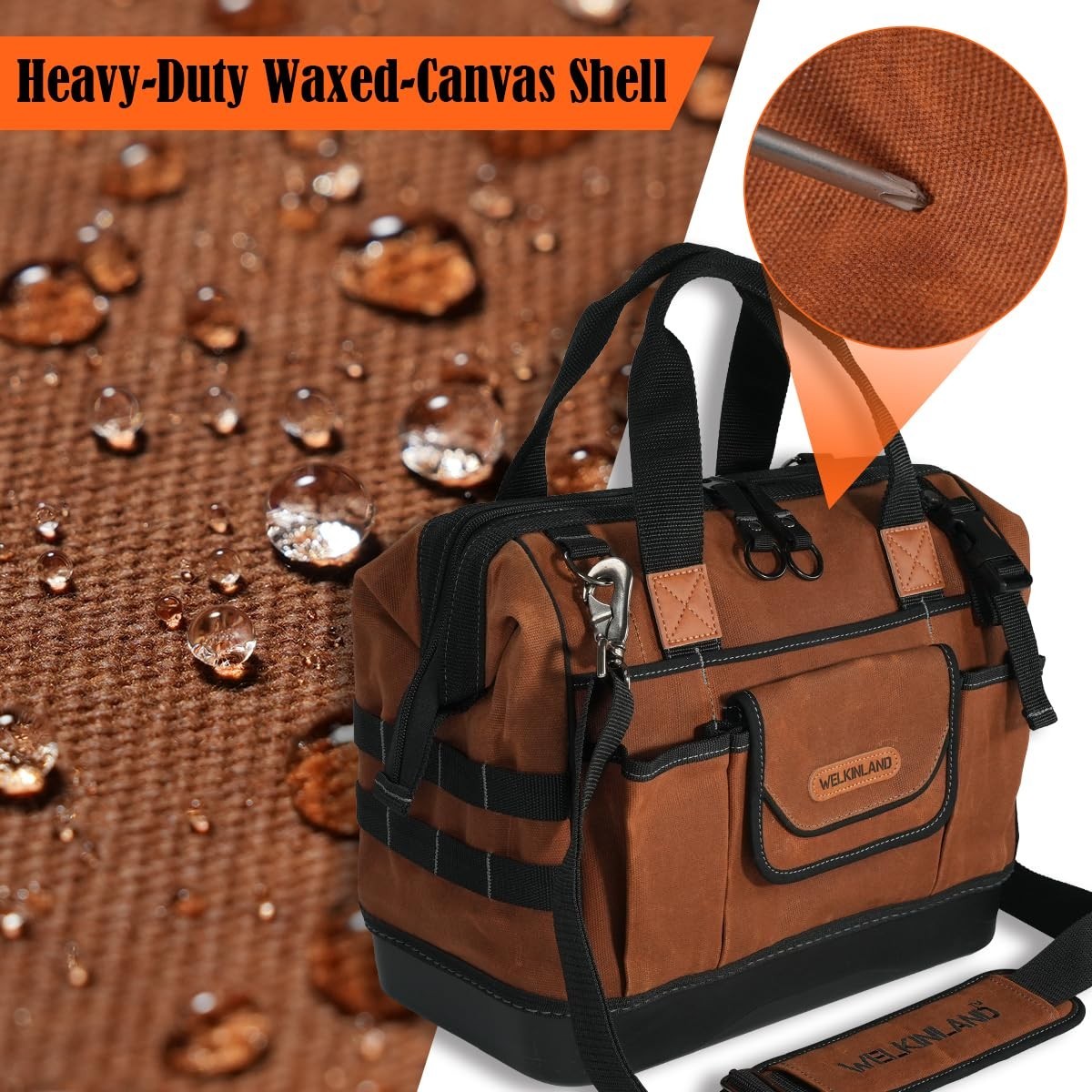 22-Pocket Heavy Duty Tool Bag – 14″ Waxed Canvas, Hard Bottom, Electrician & Mec