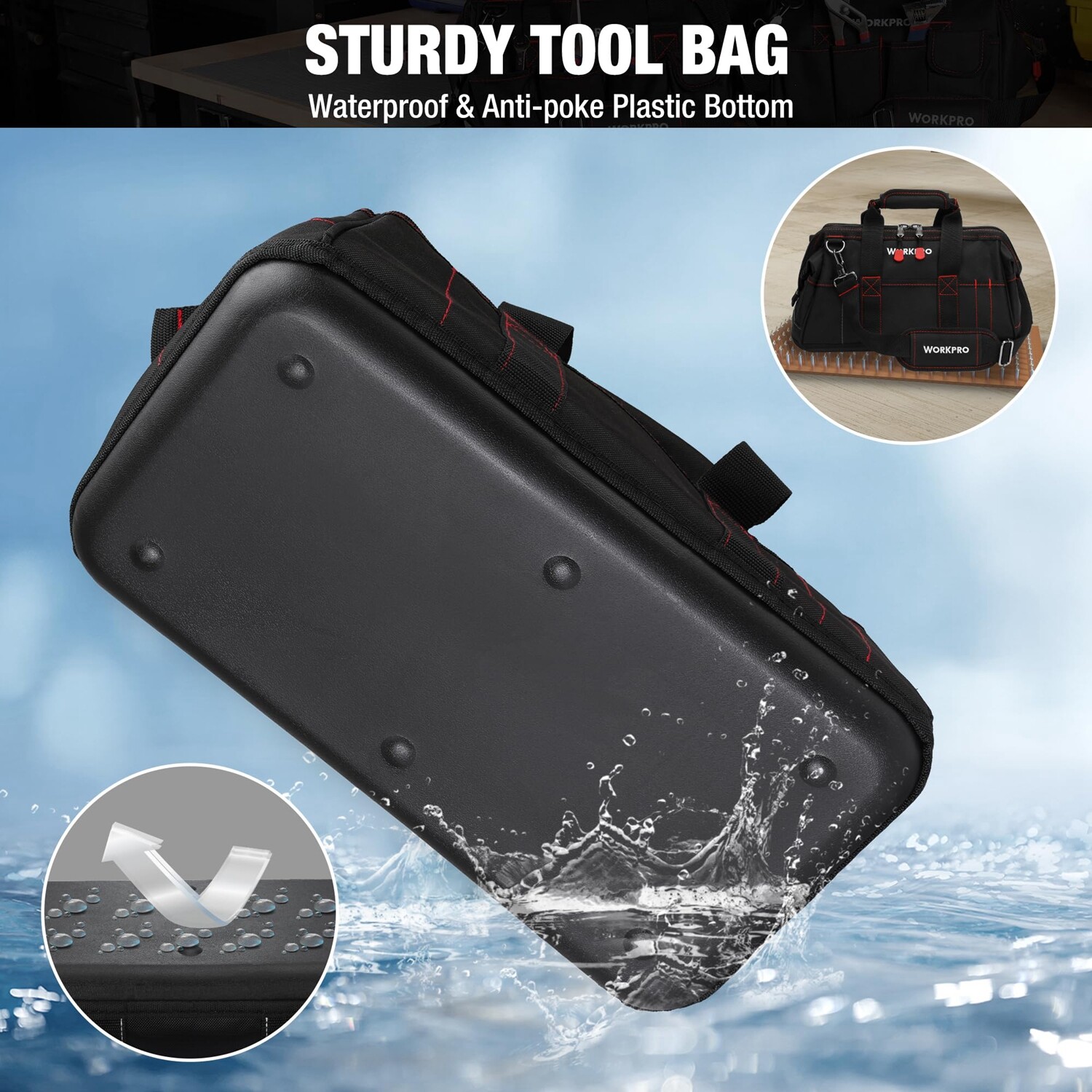 WORKPRO 16-in Close Top Wide Mouth Tool Storage Bag with Water Proof Rubber Base