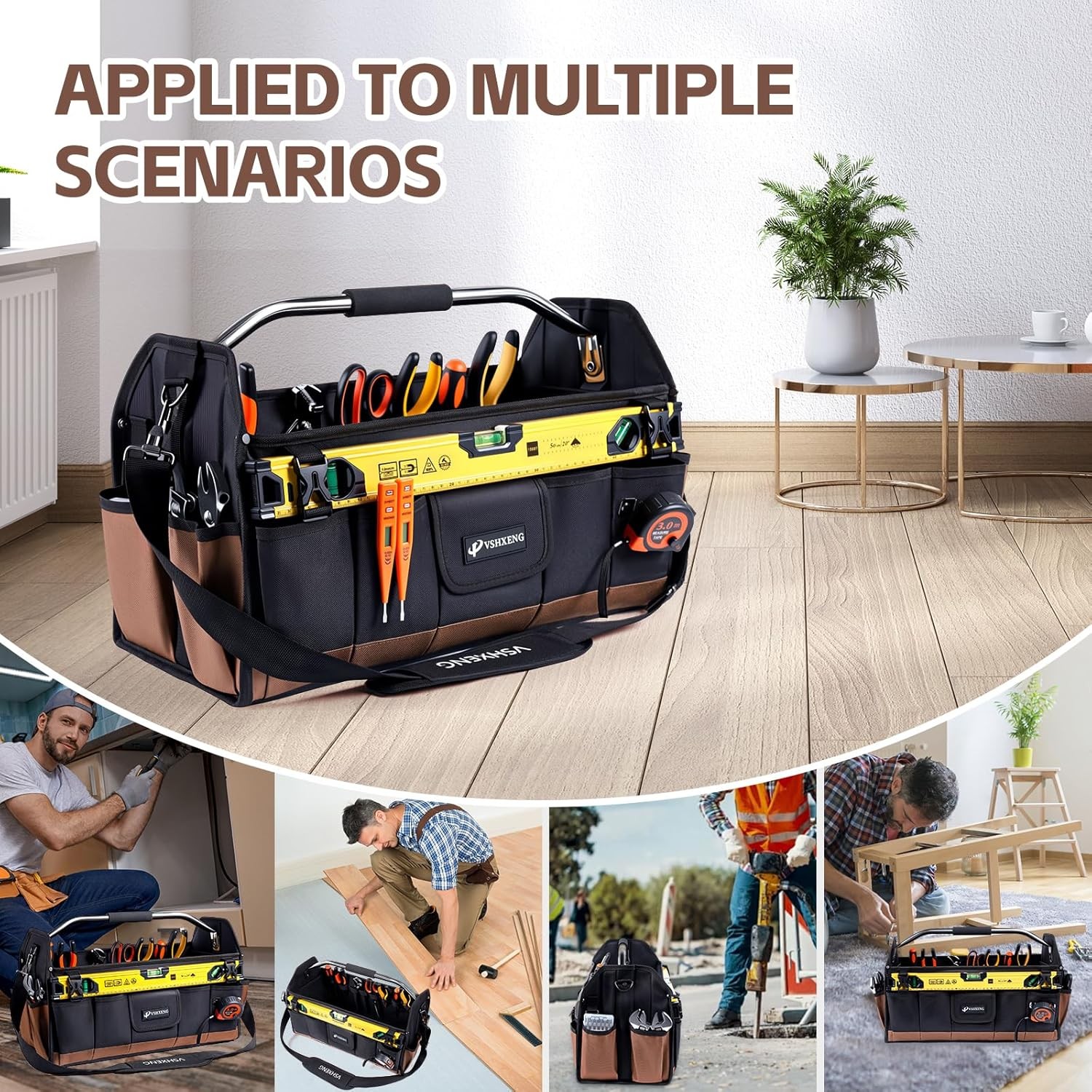 20 Inch Tool Bag, Foldable 19 Pockets Tool Tote Bags with Tool Organizer with Ad
