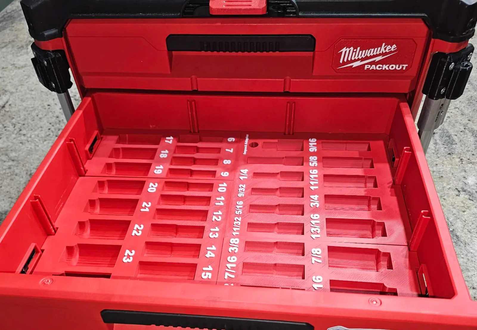 Dual 2 & 3 Drawer 3/8″ 36PC Socket Milwaukee Packout Insert PETG Organizer
