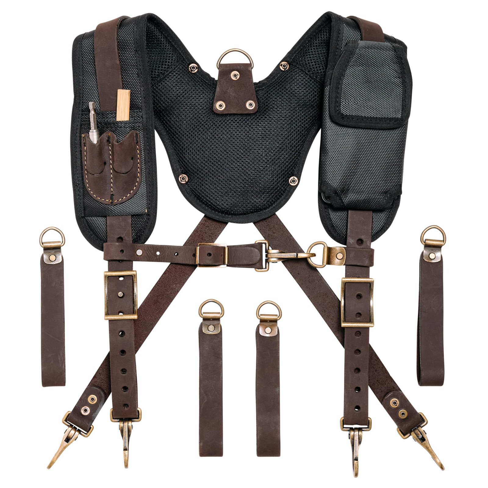 Leather Tool Belt Suspenders for Men with Breathable Mesh Padding, Front Pock…