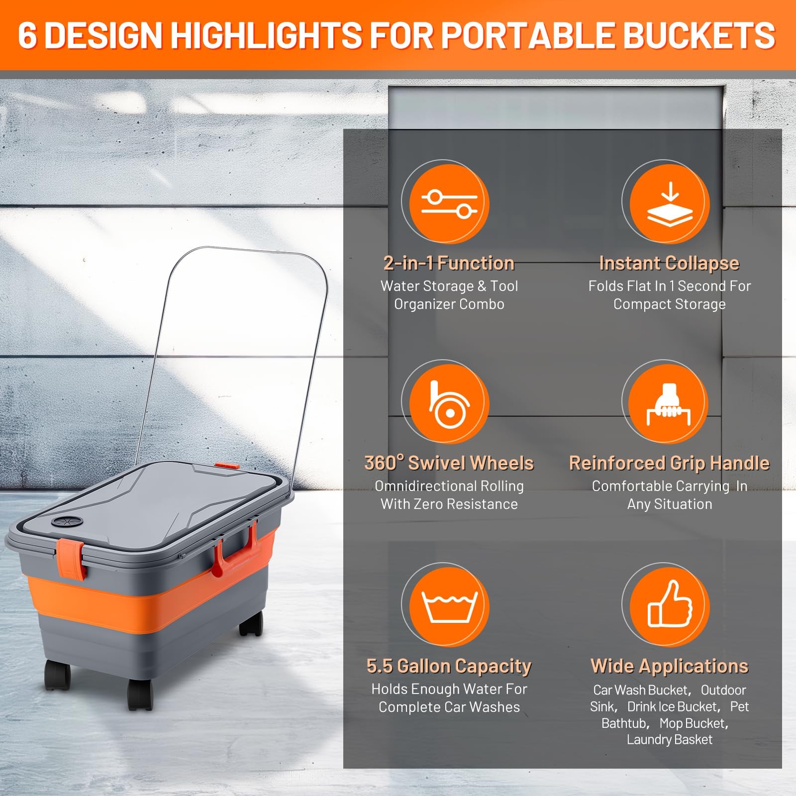 Collapsible Bucket for Car Washing, 5.5 Gallon Car Wash Bucket with Wheels, H…