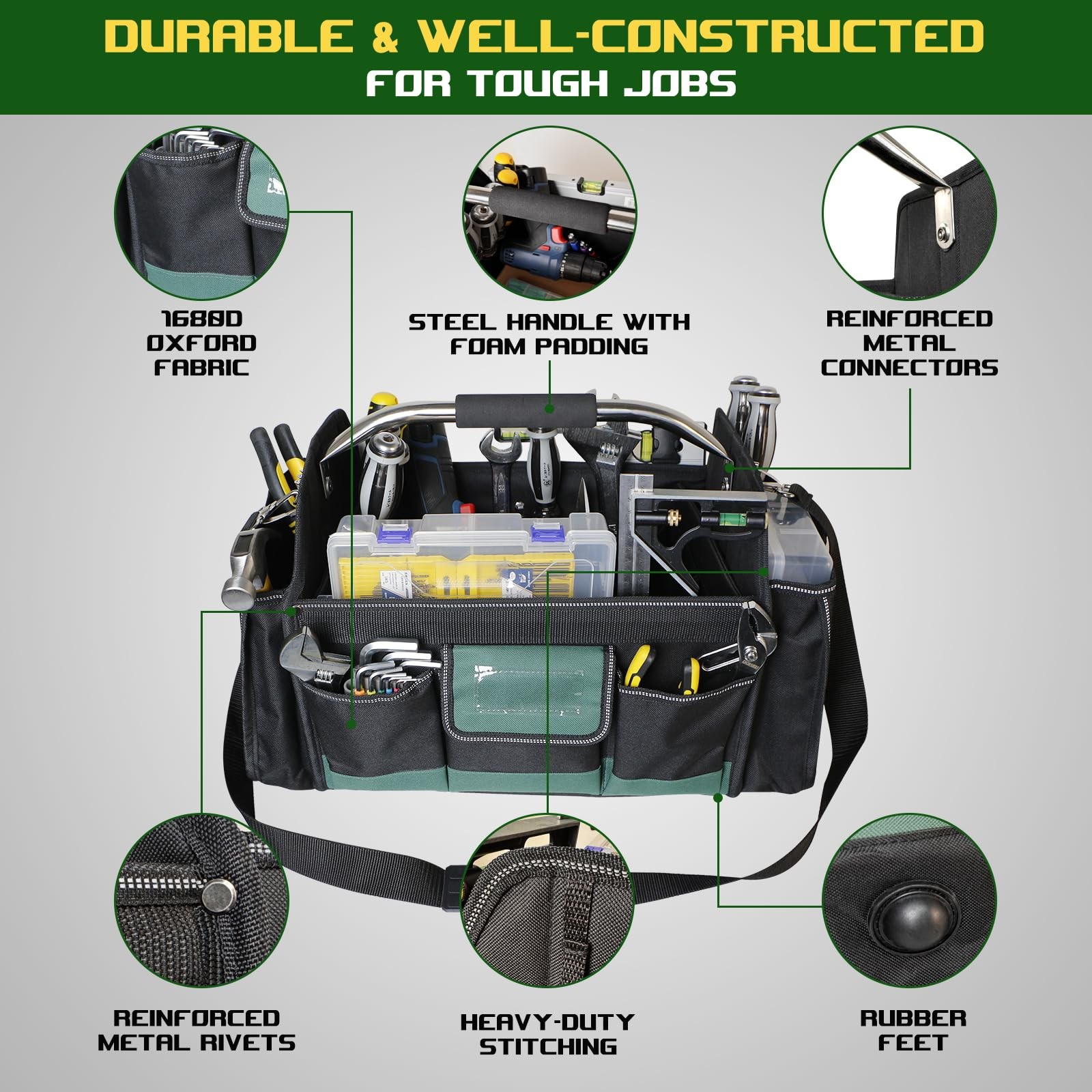 18 Inch Open Top Tool Bag 30 Pockets 1680D Waterproof Foldable Carrier Green