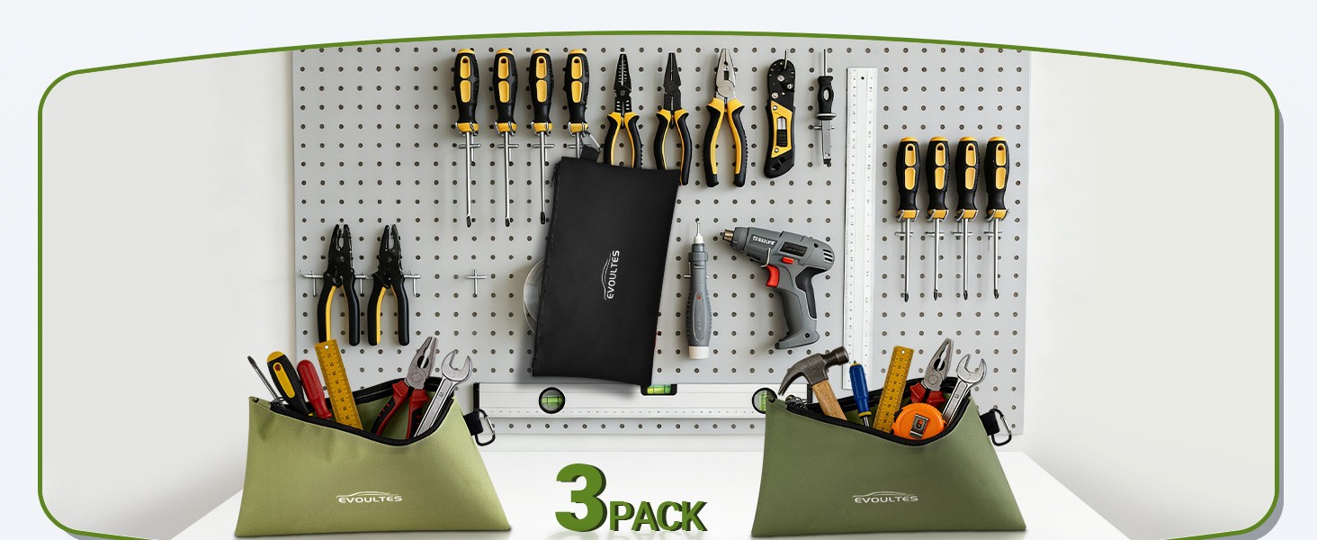 3 Pack 12 Inch Tool Pouches, Zipper Tool Bags with Carabiner | 12 Inch Tool