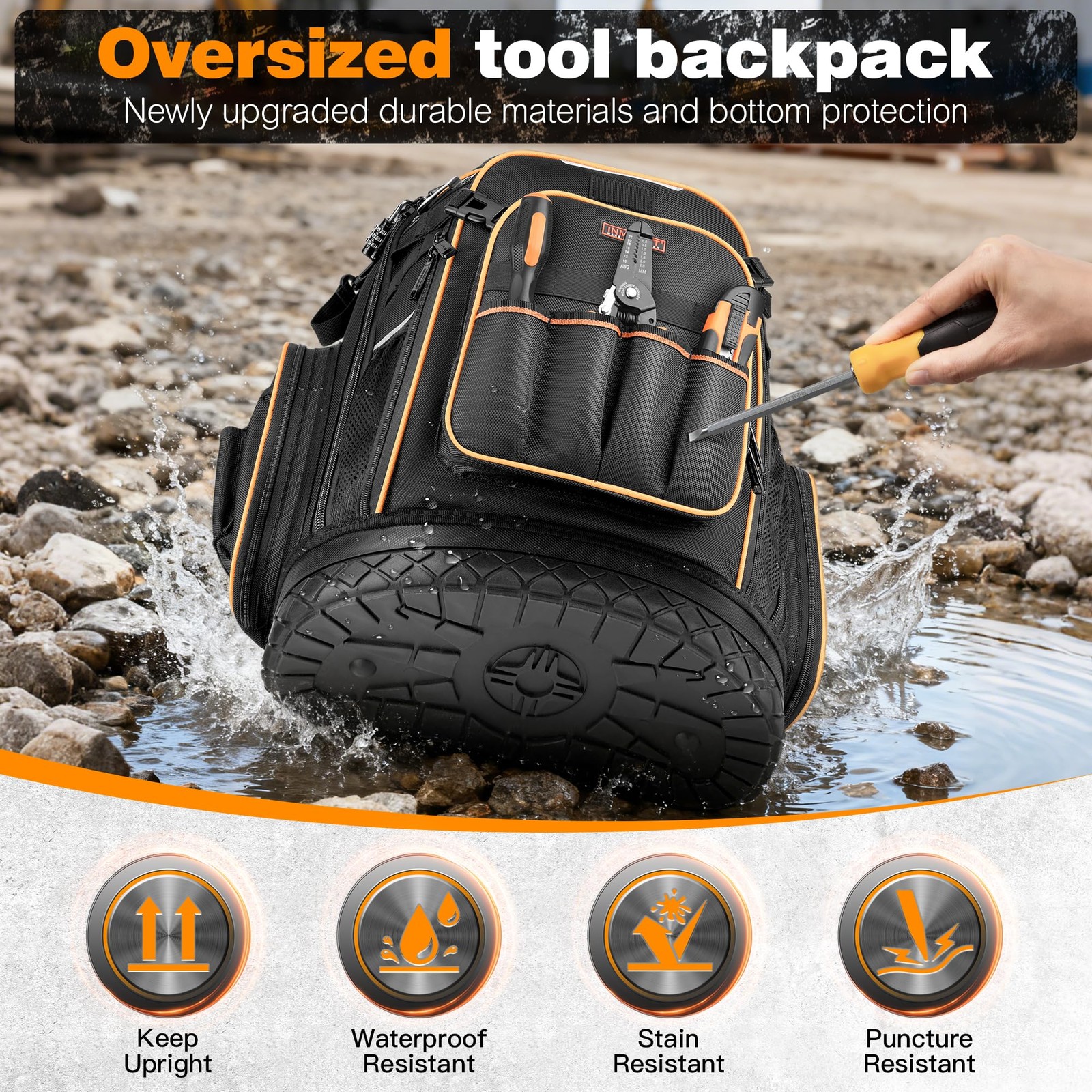 Tool Backpack, Heavy Duty Full Opening 14.6 x 7.8 x 19.7 inches, Basic Black