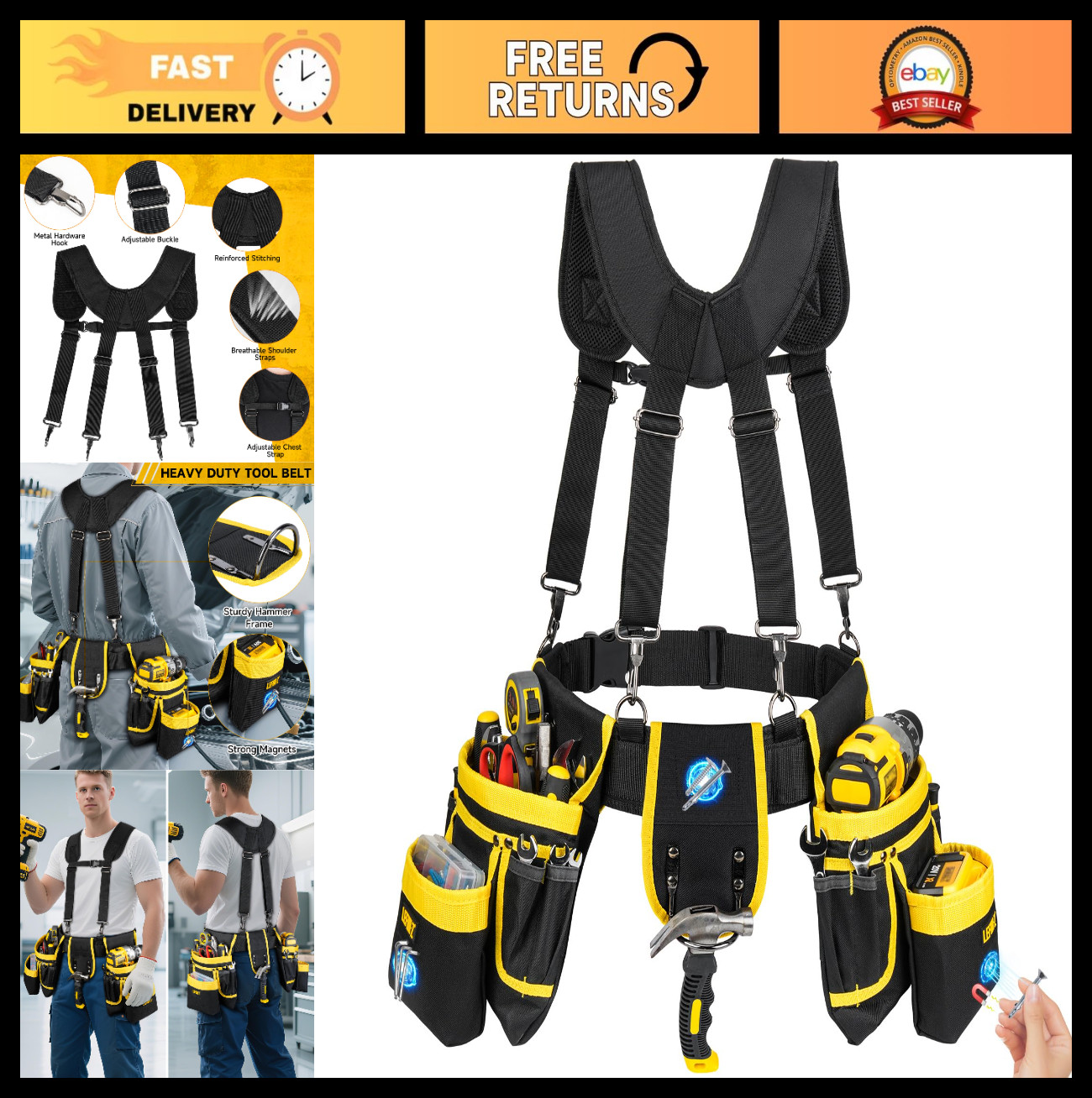 Heavy Duty Tool Belt with Suspenders, 27 Pockets, Adjustable Work Bag for Electr