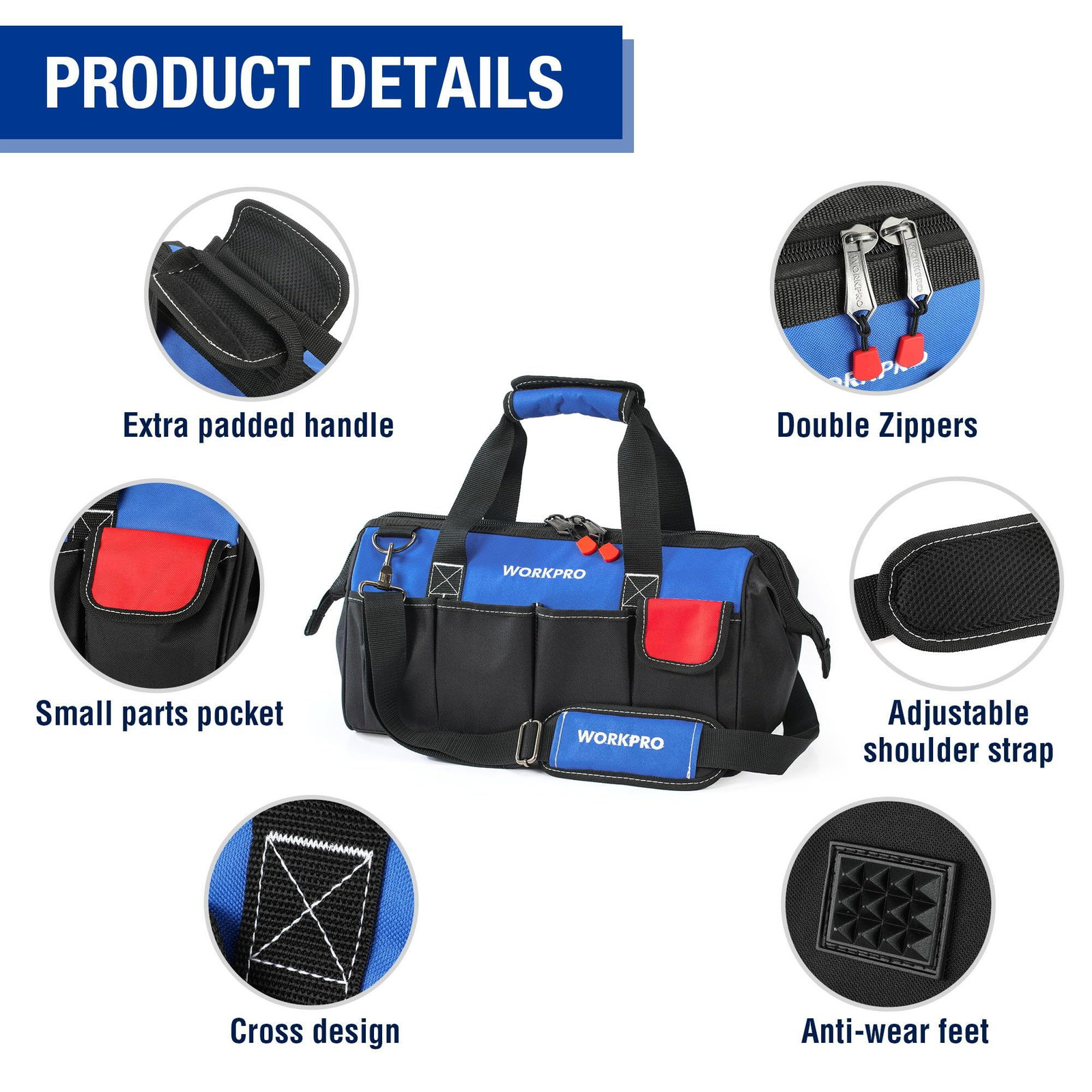WORKPRO 18-inch Close Top Wide Mouth Storage Tool Bag 18-inch, black/red/blue