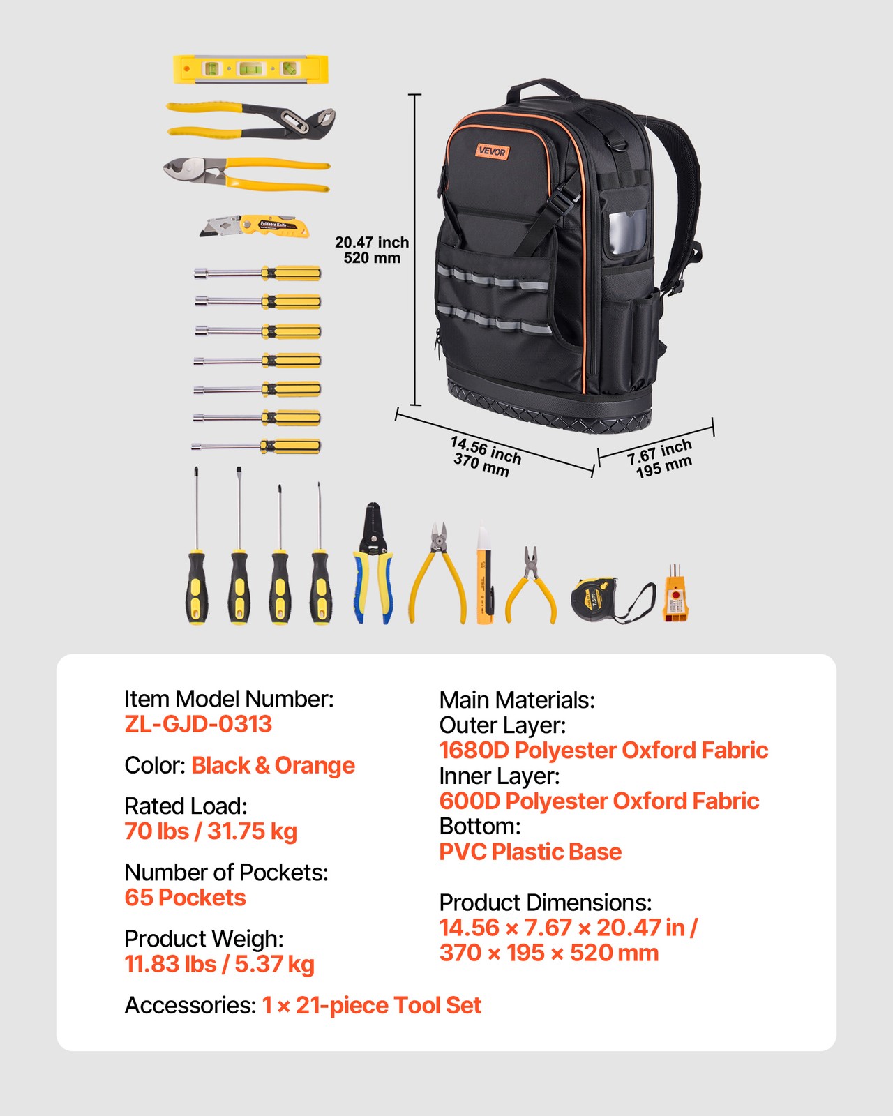 VEVOR Tool Backpack with Tools 65 Pockets Tear-resistant Jobsite Backpack