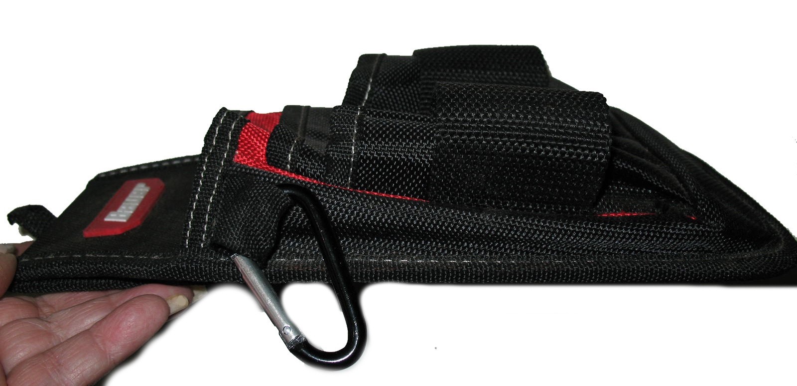 BAUER TOOL BELT 5 POCKET/POUCH & 2 LOOPS #58522 BLACK RED POLYESTER w/CARABINER