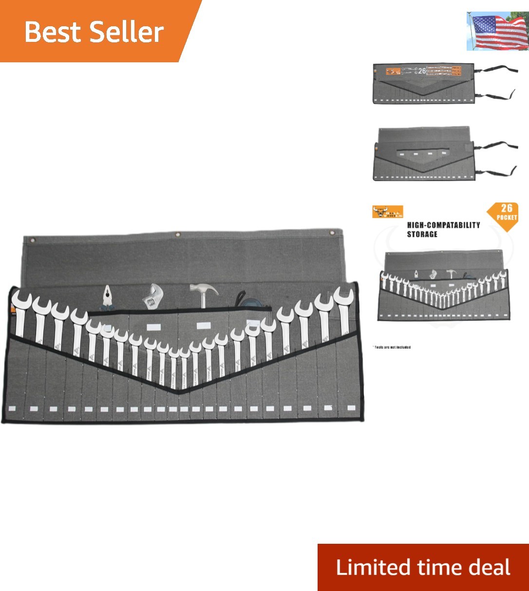 Heavy-Duty 26-Pocket Tool Roll Organizer in Sand Washed Grey – Durable Canvas