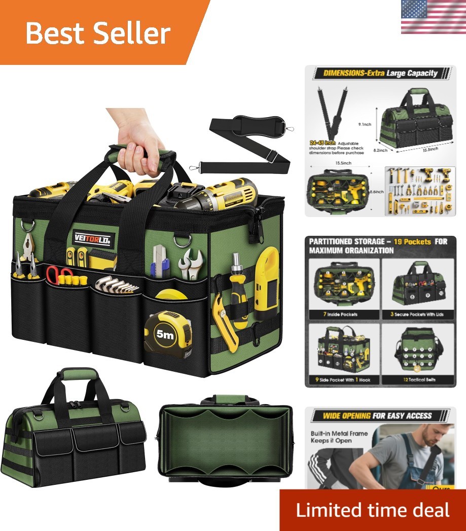 16-Inch Heavy Duty Tool Bag, 19-Pockets Tool Box Organizer, Portable Toolbag …