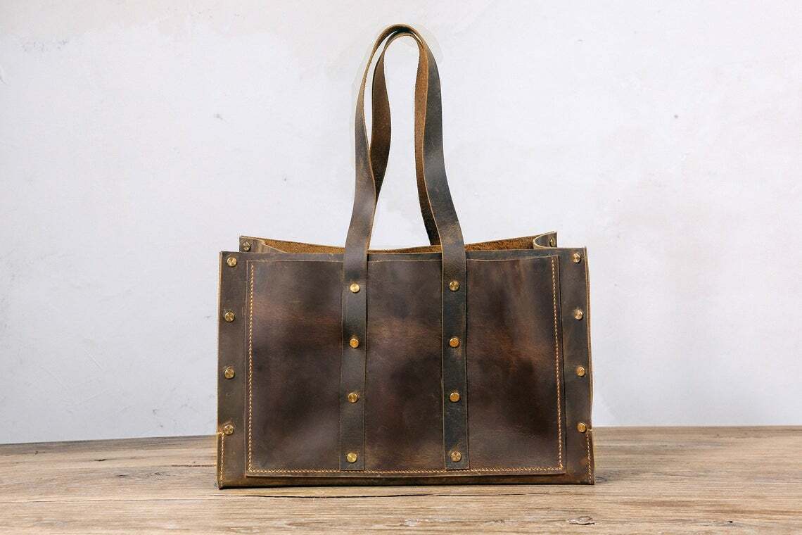 Rustic full grain leather tool bag box vintage leather tool tote bag for men