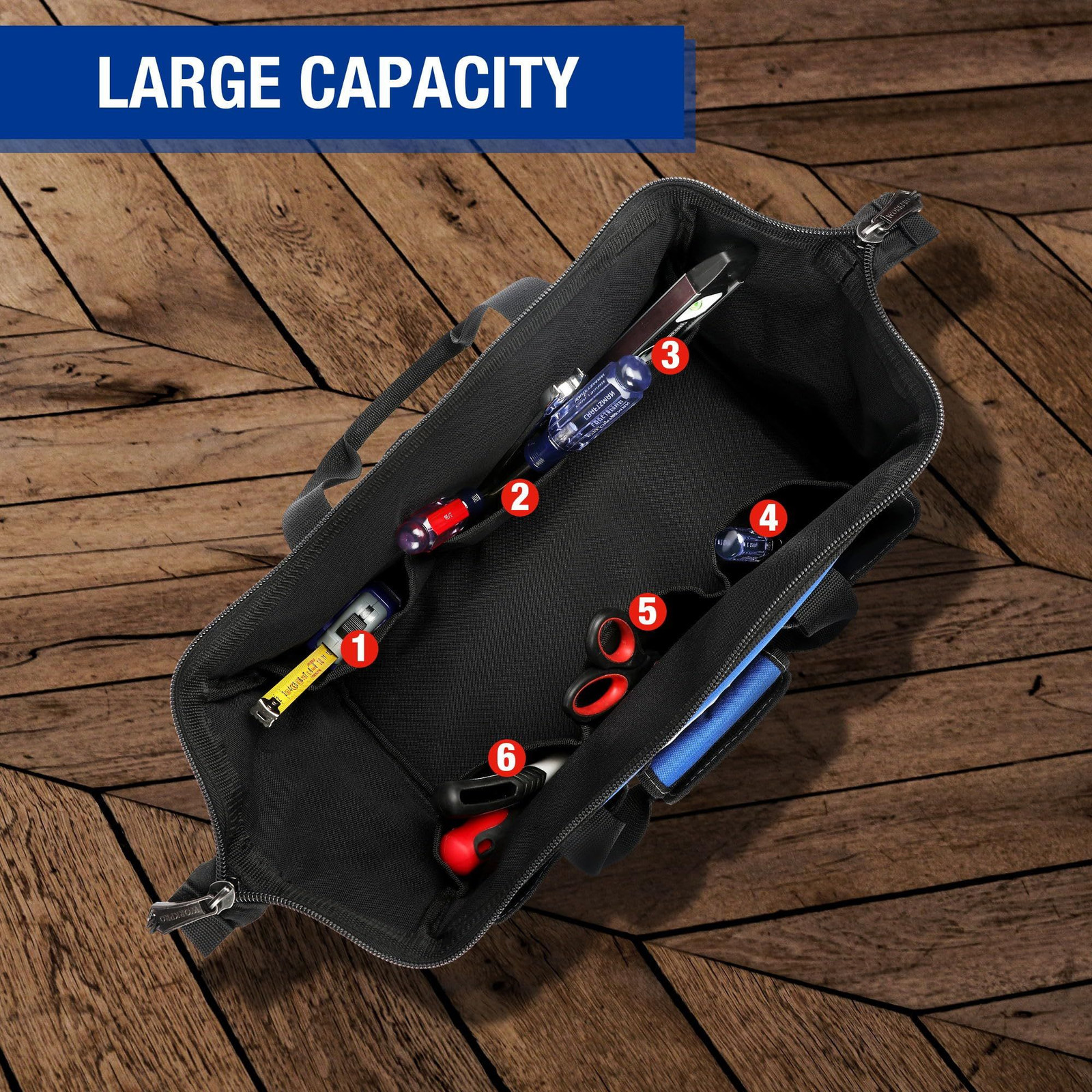 WORKPRO 18-inch Close Top Wide Mouth Storage Tool Bag 18-inch, black/red/blue
