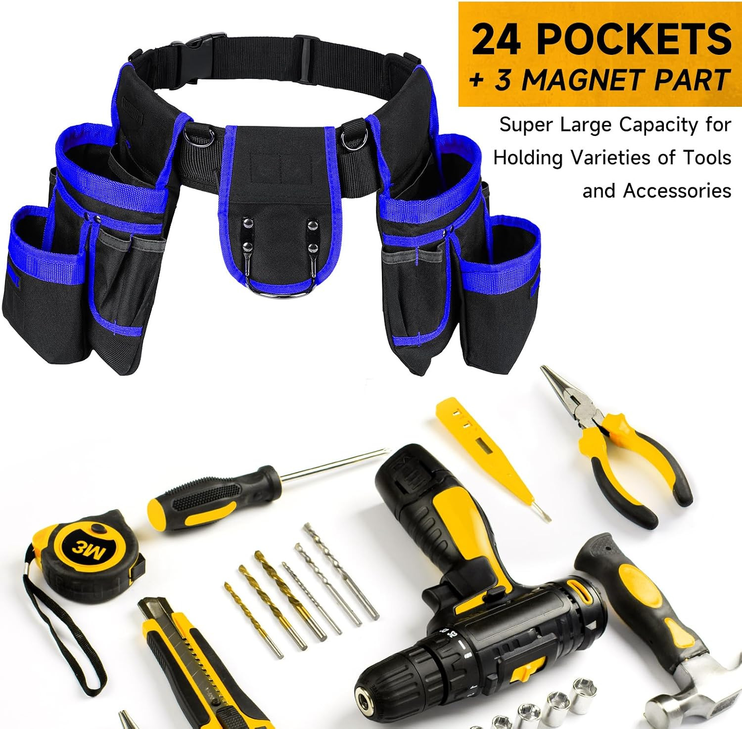 Tool Belt with 4 D-Rings,27-Pockets Tool Belts for Men,Construction | Heavy Duty