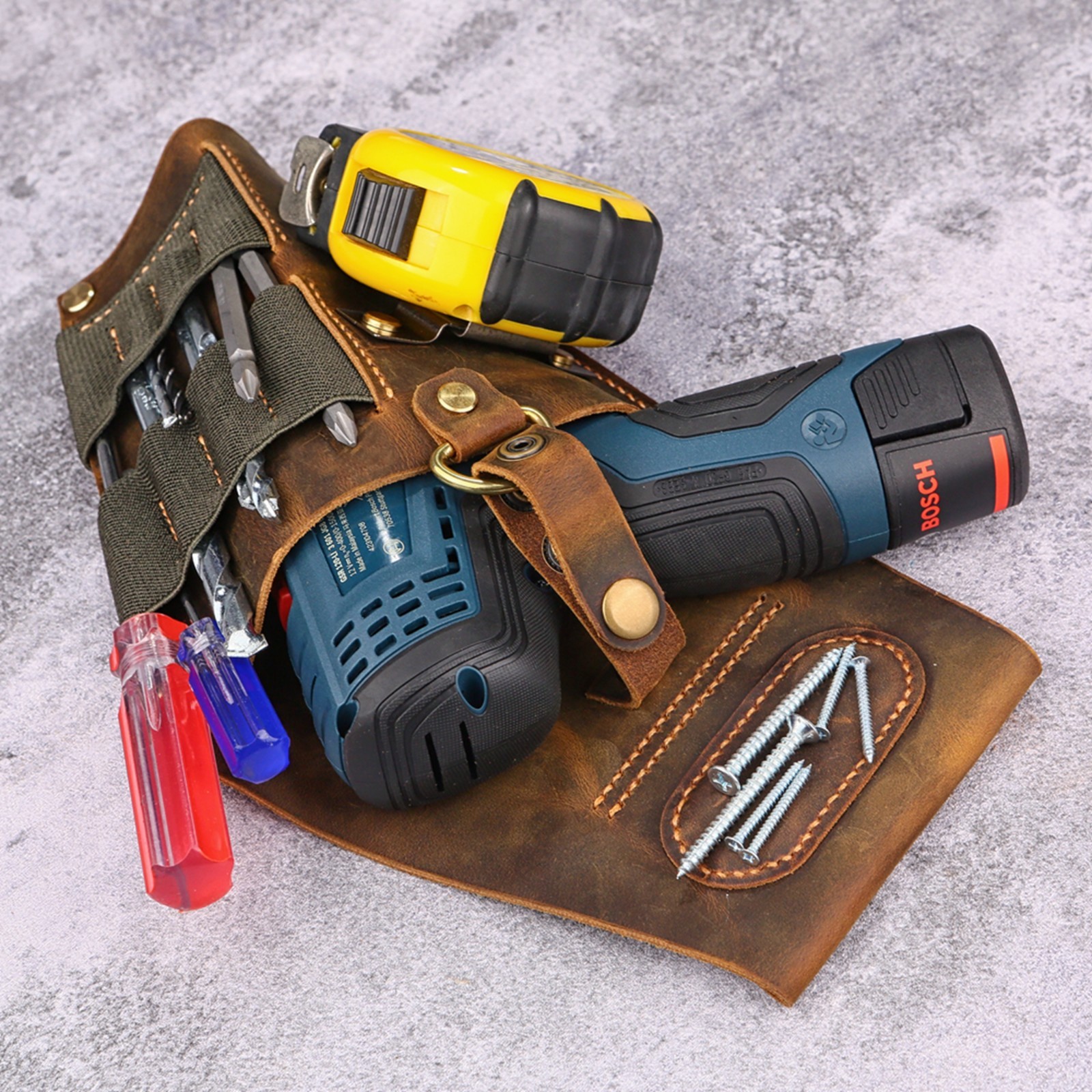 Leather cordless compact drill holder for tool belt, real leather drill holster