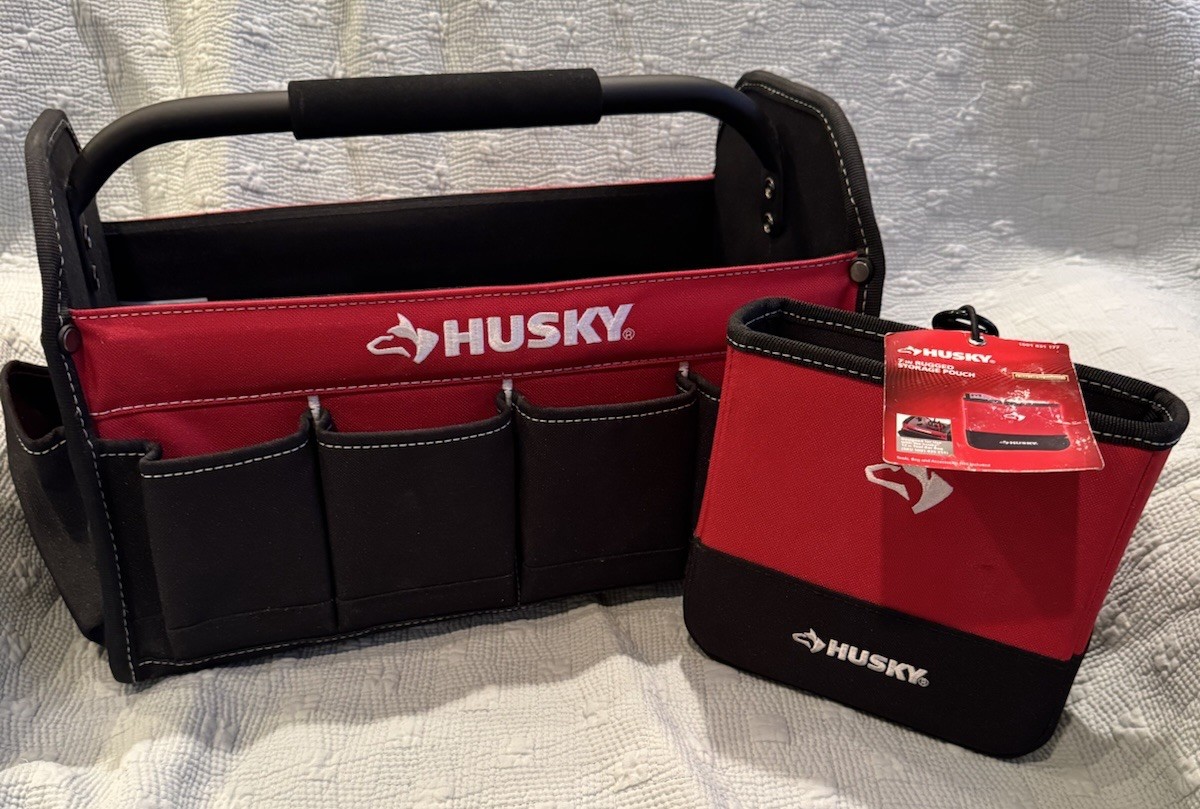 HUSKY LOT Tool Caddy Bag & Pouch SET Multiple Pockets Open Top Black Red Canvas
