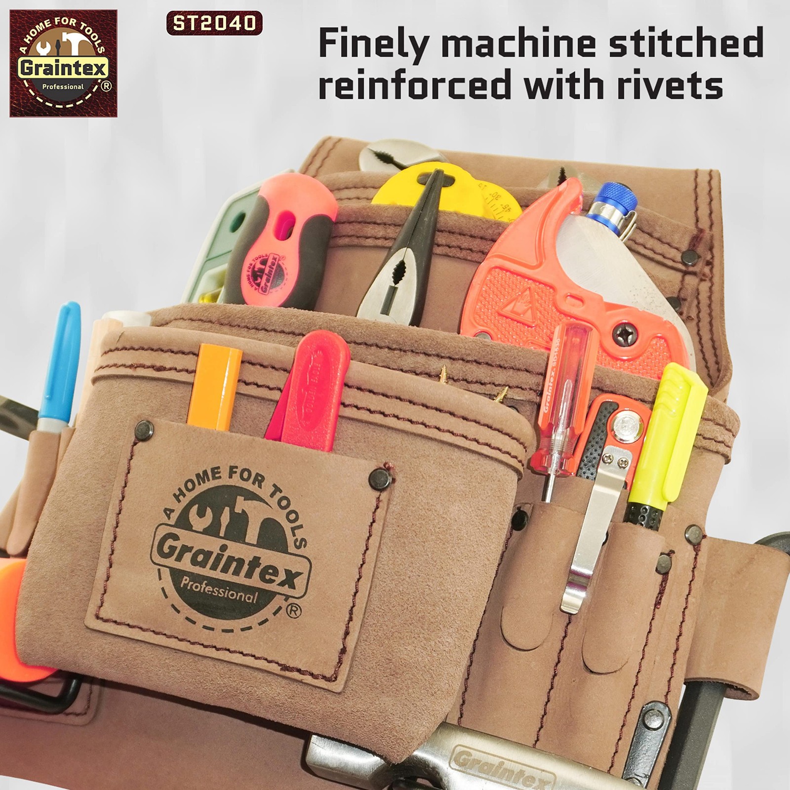 ST2040 10 Pocket Nail & Tool Pouch Natural Top Grain Leather for Framers, Con…