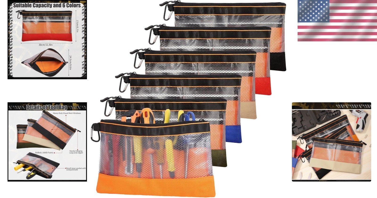 Clear Tool Pouch Bags Set of 6 Multicolor Heavy Duty Zipper Closure 11.8 Inches