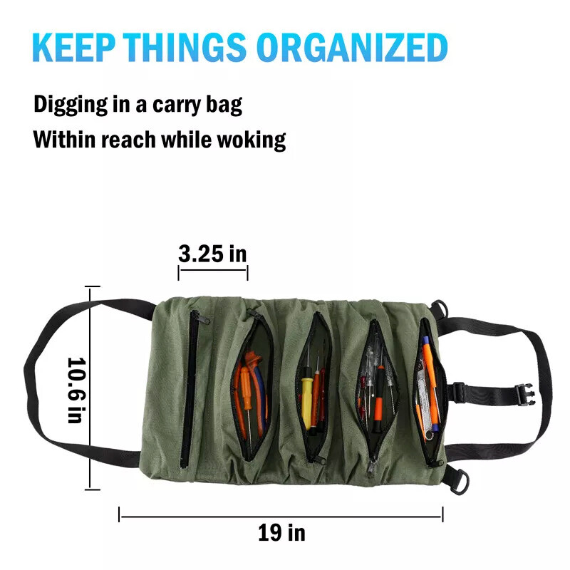 Multi-Purpose Tool Roll Up Bag 5 Pocket Wrench Pouch Canvas Hanging Organizer US