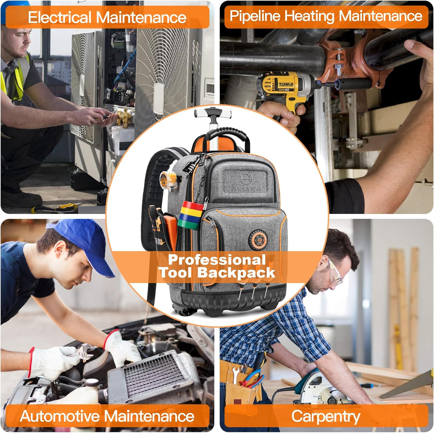 Heavy-Duty Rolling Tool Backpack with 75 Pockets for Electricians – Grey