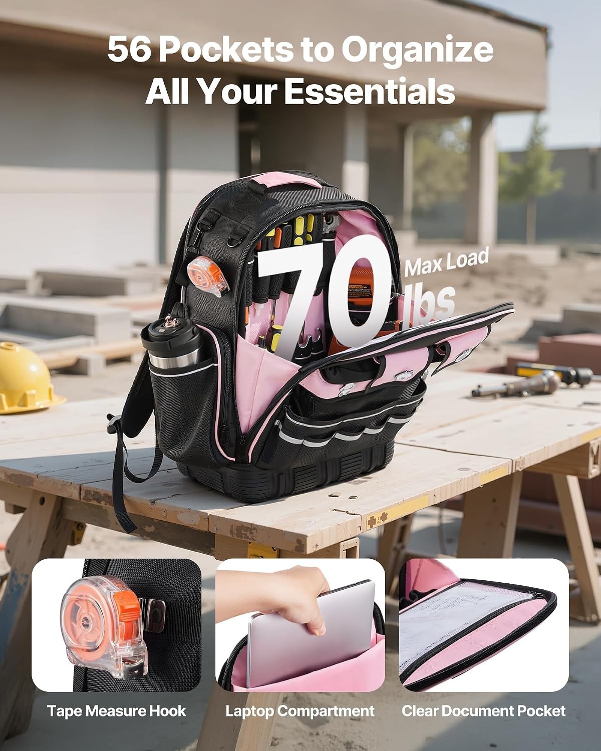 56-Pocket Tool Backpack – Stylish Electrician Organizer with Laptop Compartment