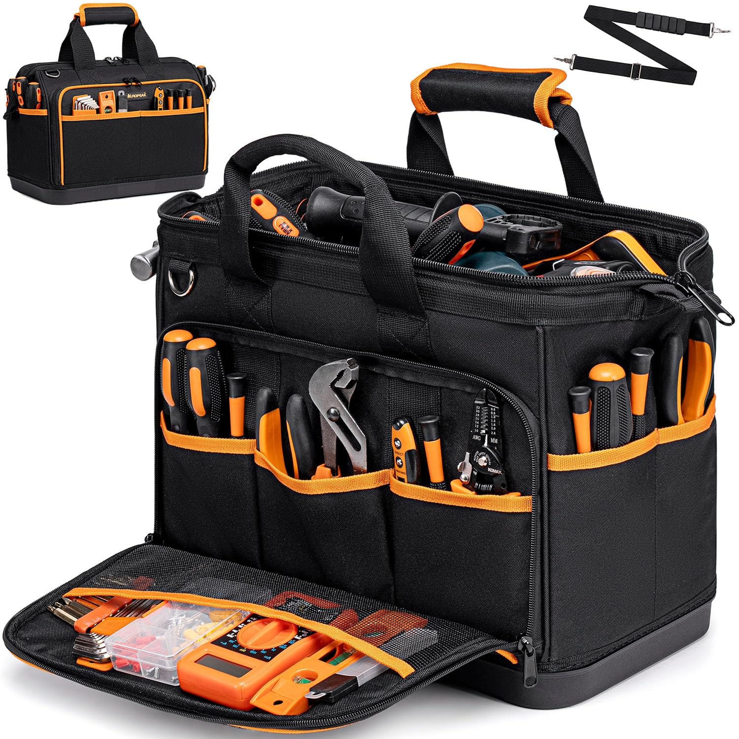 Electrician Tool Bag 17-Inch, 17IN Hard Bottom Bag, Black-orange